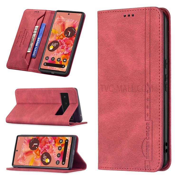 BINFEN COLOR For Google Pixel 6 Drop-resistant Phone Case Flip Design RFID Blocking Leather Stand Wallet Phone Cover Protector - Red-9