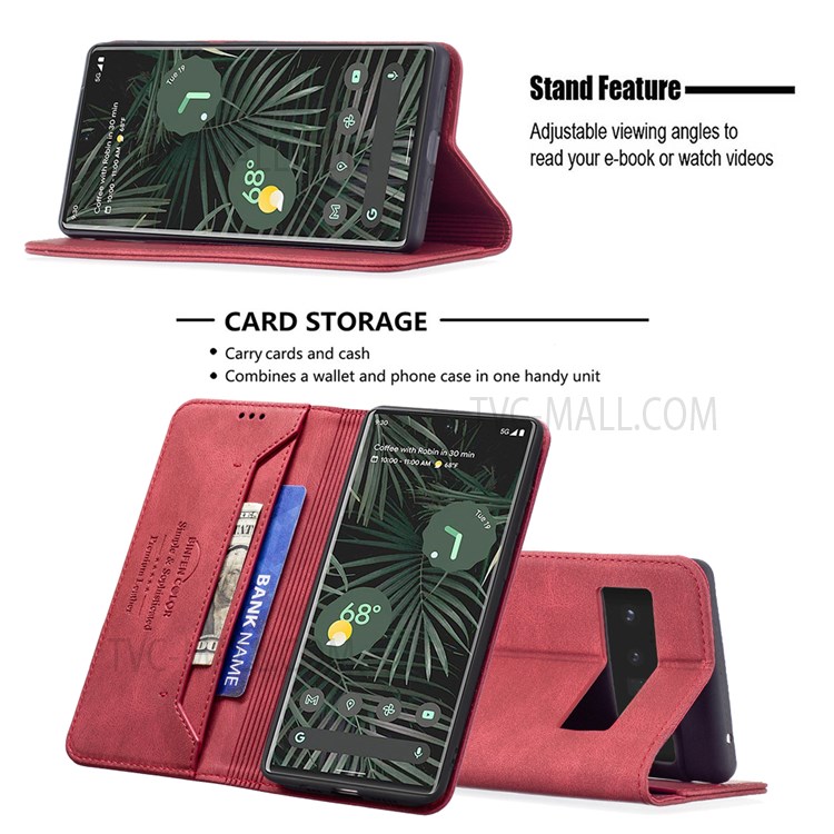 BINFEN COLOR Wallet Phone Cover Drop-resistant Phone Case Flip Design RFID Blocking Leather Stand Protector for Google Pixel 6 Pro - Red-2