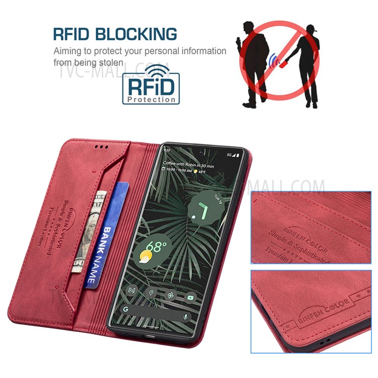 BINFEN COLOR Wallet Phone Cover Drop-resistant Phone Case Flip Design RFID Blocking Leather Stand Protector for Google Pixel 6 Pro - Red-3