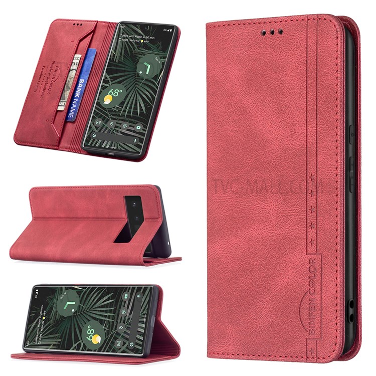 BINFEN COLOR Wallet Phone Cover Drop-resistant Phone Case Flip Design RFID Blocking Leather Stand Protector for Google Pixel 6 Pro - Red-9