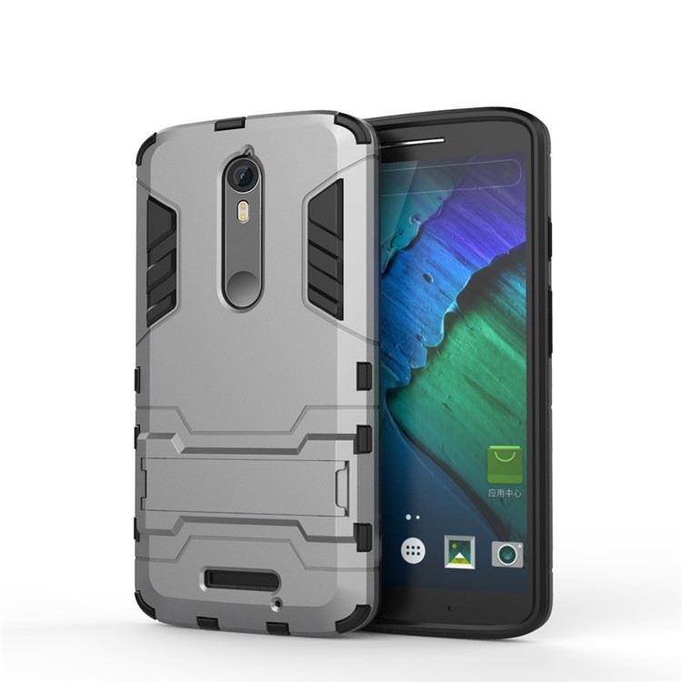 Plastic + TPU Shield Cover with Kickstand for Motorola Moto X Force / X3 - Grey-2