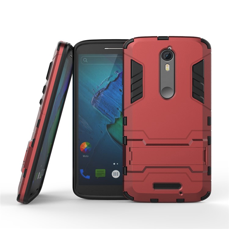 Plastic + TPU Shell Case Cover with Kickstand for Motorola Moto X Force / X3 - Red-1