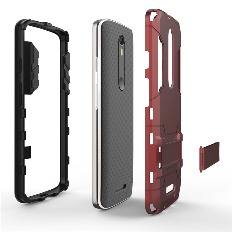 Plastic + TPU Shell Case Cover with Kickstand for Motorola Moto X Force / X3 - Red-5
