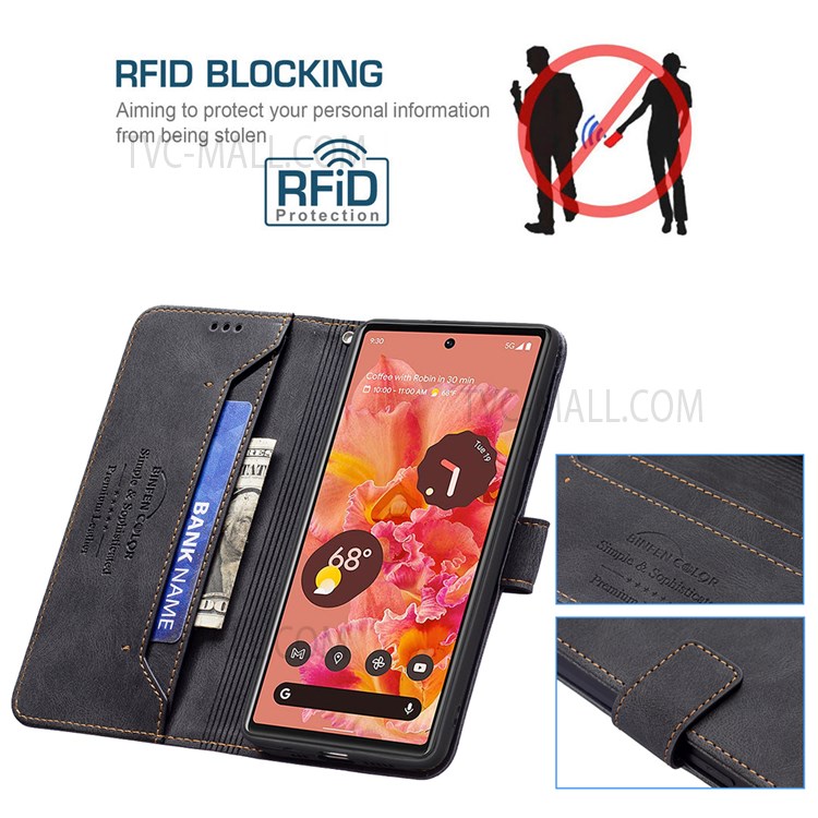 BINFEN COLOR Drop-resistant Phone Case Flip Design RFID Blocking Leather Stand Wallet Phone Cover Protector for Google Pixel 6 - Black-3