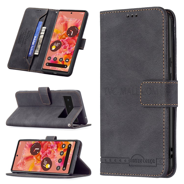 BINFEN COLOR Drop-resistant Phone Case Flip Design RFID Blocking Leather Stand Wallet Phone Cover Protector for Google Pixel 6 - Black-8