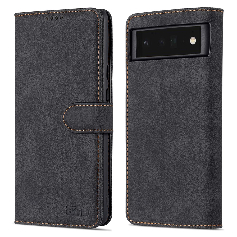 AZNS TPU+PU Leather Wallet Stand Phone Case Shockproof Protection Flip Phone Shell for Google Pixel 6 - Black-1