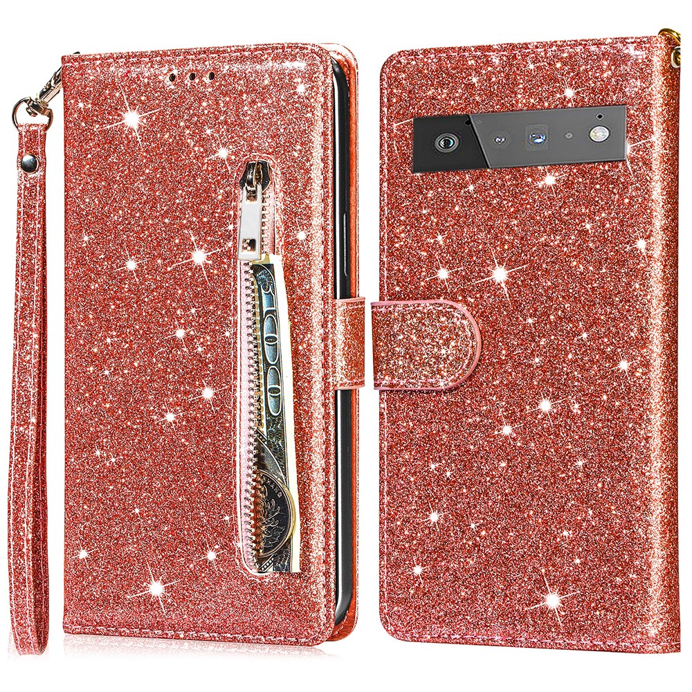 Glitter Sequins Magnetic Clasp Well-protected Anti-shock Zipper Pocket Wallet Flip Leather Phone Cover with Stand for Google Pixel 6 - Rose Gold-1