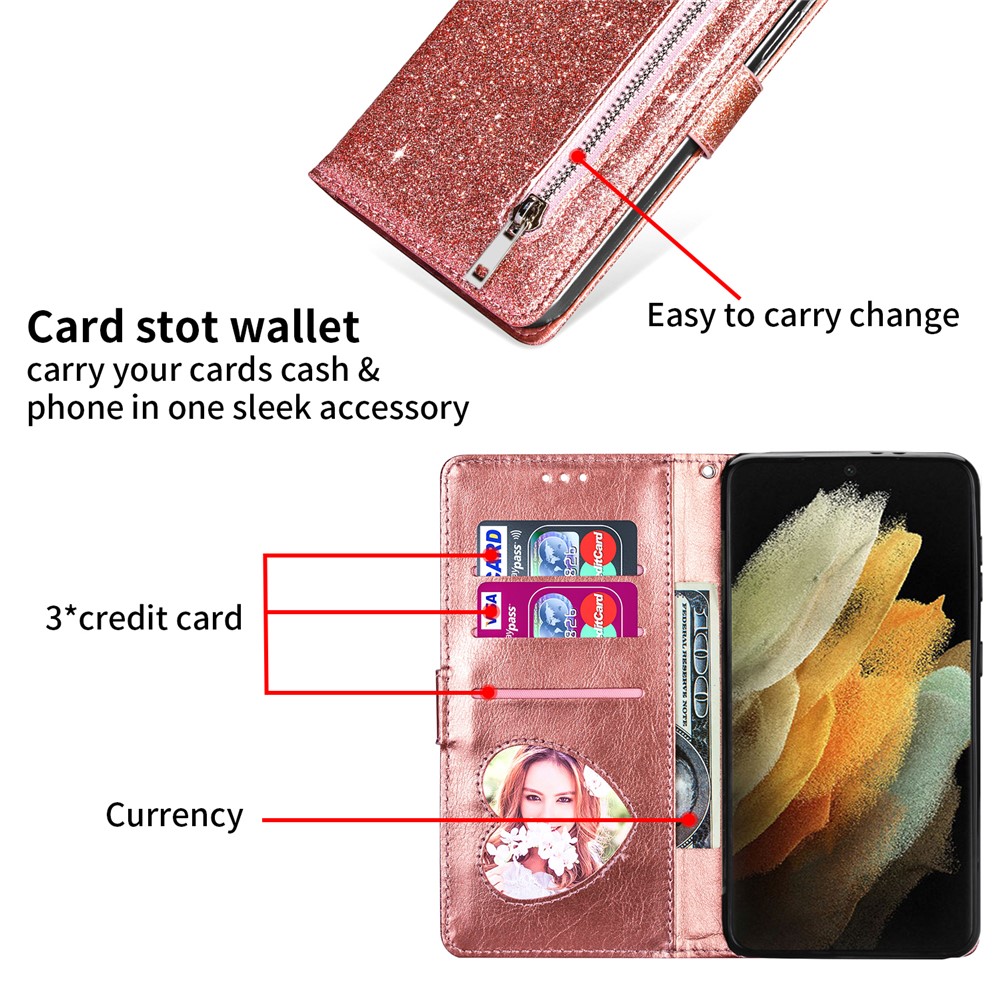 Glitter Sequins Magnetic Clasp Well-protected Anti-shock Zipper Pocket Wallet Flip Leather Phone Cover with Stand for Google Pixel 6 - Rose Gold-6