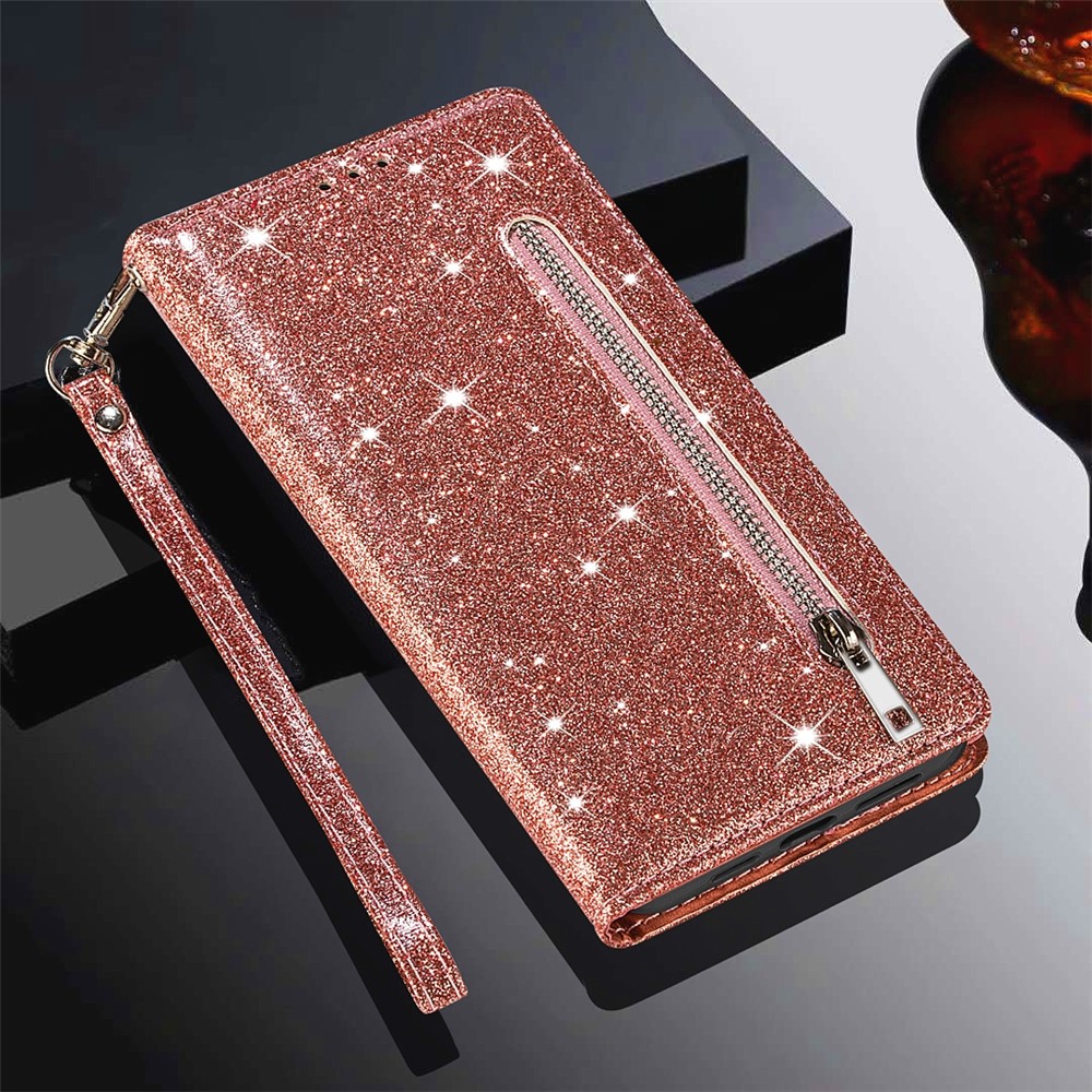 Glitter Sequins Magnetic Clasp Well-protected Anti-shock Zipper Pocket Wallet Flip Leather Phone Cover with Stand for Google Pixel 6 - Rose Gold-8