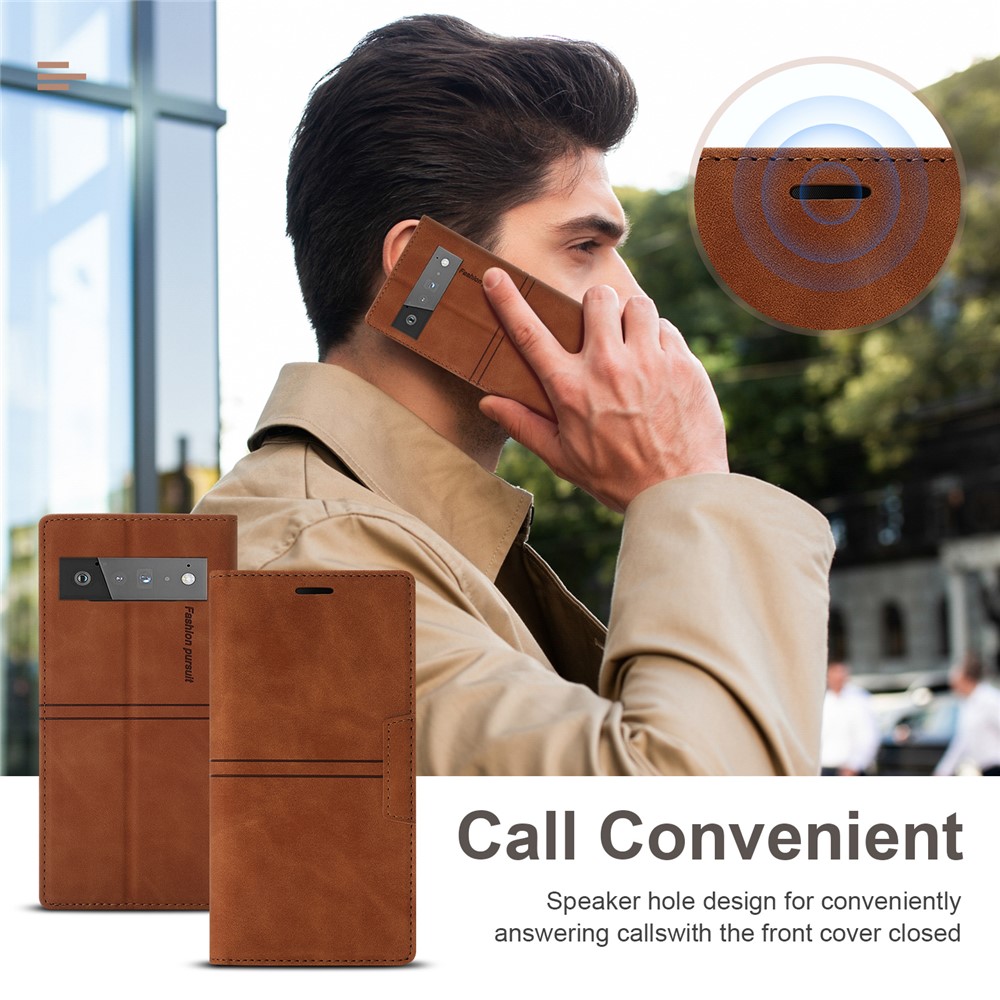 Scratch Resistant Fantasy Scratch Resistant Leather Phone Wallet Cover Shell with Auto-absorbed for Google Pixel 6 Pro - Brown-6