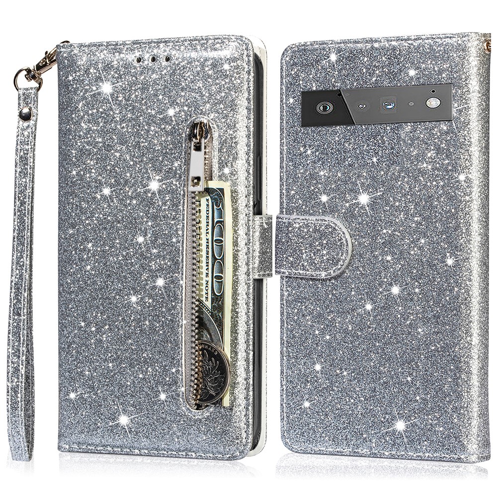 Glitter Sequins Stylish Anti-fall Magnetic Clasp Zipper Pocket Flip Leather Phone Cover with Wallet and Stand for Google Pixel 6 Pro - Silver-1