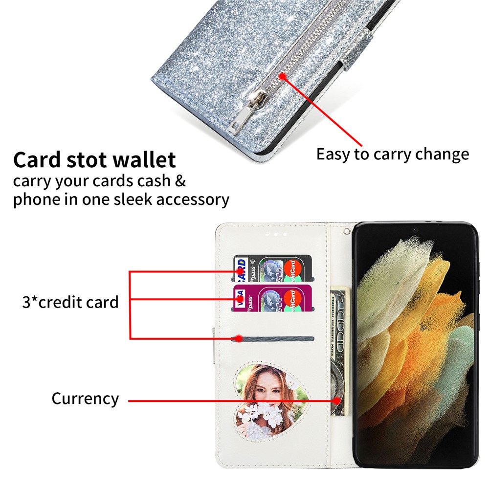 Glitter Sequins Stylish Anti-fall Magnetic Clasp Zipper Pocket Flip Leather Phone Cover with Wallet and Stand for Google Pixel 6 Pro - Silver-7