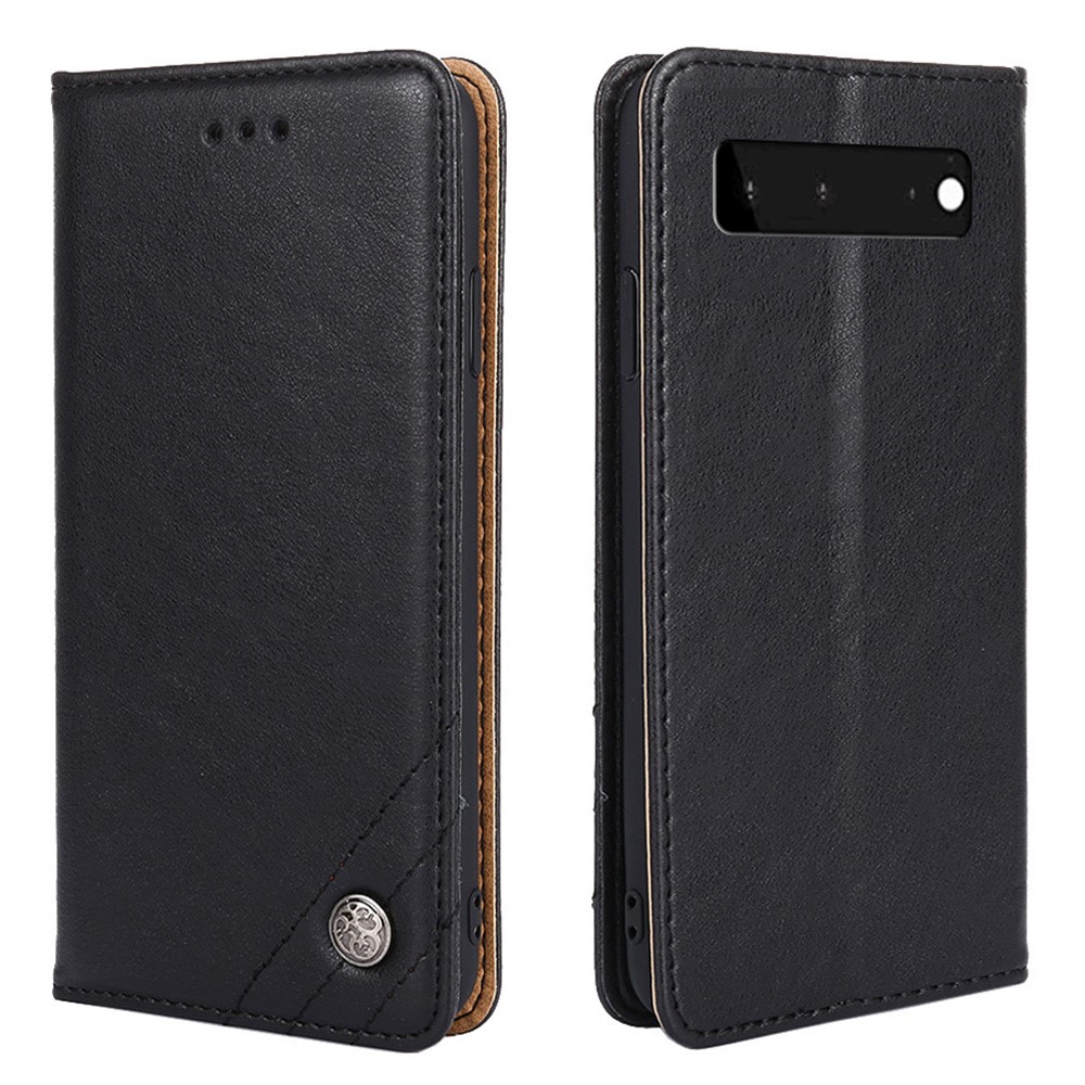 Triangle Stitching Line Retro Full Protection PU Leather Stand Wallet Flip Phone Cover Shell for Google Pixel 6 - Black-1
