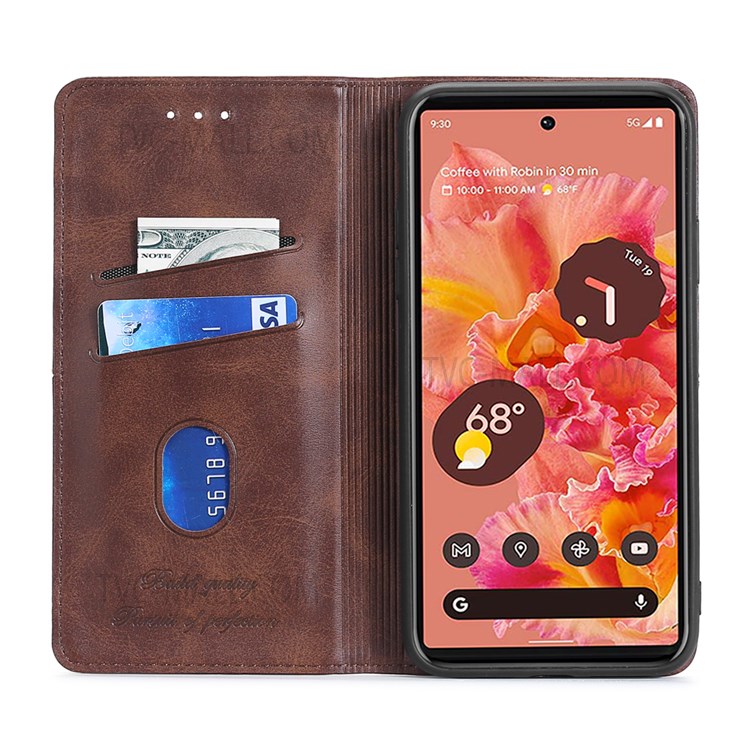 Card Slots Design Anti-fall Anti-shock Auto-absorbed Magnetic Closing Leather Phone Case with Stand for Google Pixel 6 - Dark Brown-4