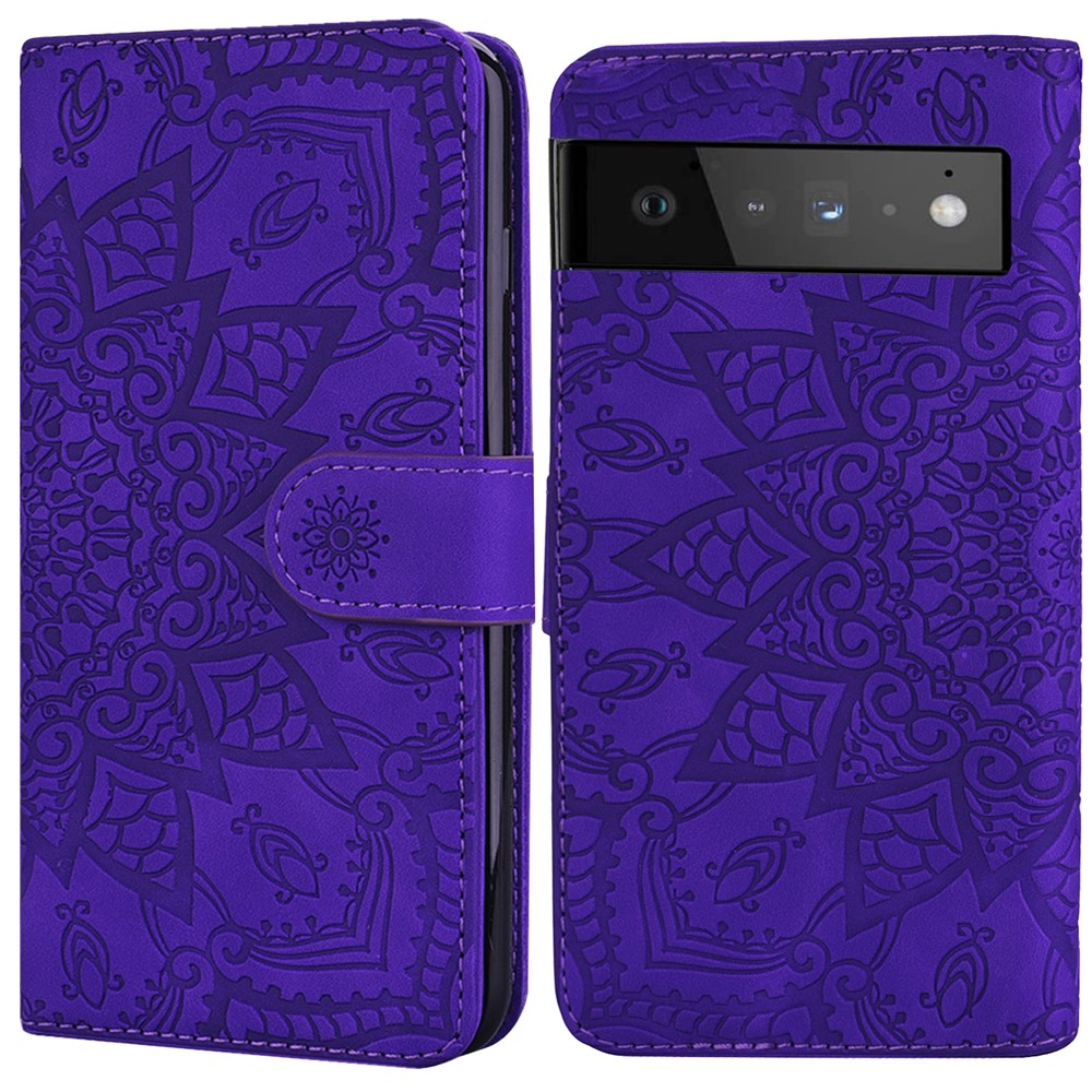 Imprint Flower Phone Shell Magnetic Closure Anti-fall Wallet Stand Design Leather Case for Google Pixel 6 Pro - Purple-1