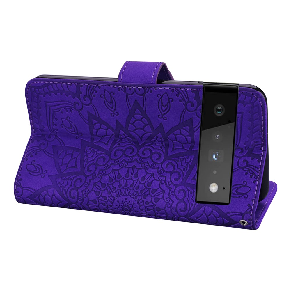 Imprint Flower Phone Shell Magnetic Closure Anti-fall Wallet Stand Design Leather Case for Google Pixel 6 Pro - Purple-5