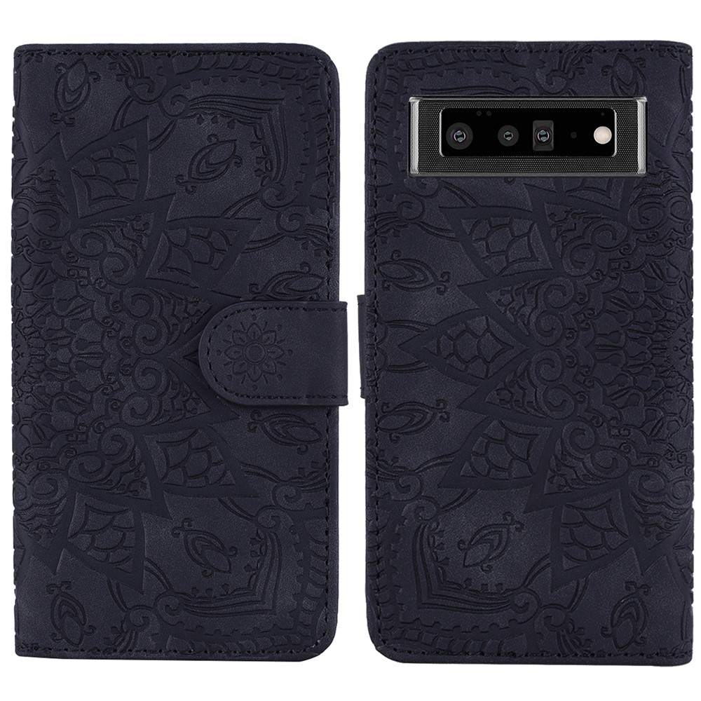 Imprint Flower Phone Cover Well-protected Drop-proof Wallet Design Leather Cover with Stand for Google Pixel 6 - Black-1