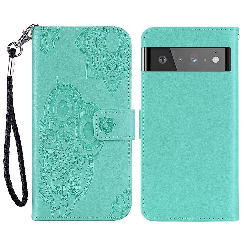 For Google Pixel 6 Shockproof PU Leather+TPU Flip Phone Case Stylish Imprinted Owl Flower Pattern Wallet Shell - Cyan-1