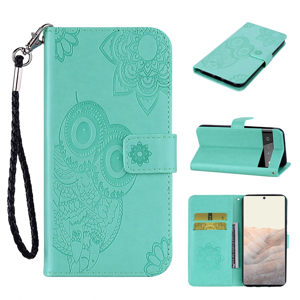 For Google Pixel 6 Shockproof PU Leather+TPU Flip Phone Case Stylish Imprinted Owl Flower Pattern Wallet Shell - Cyan-8