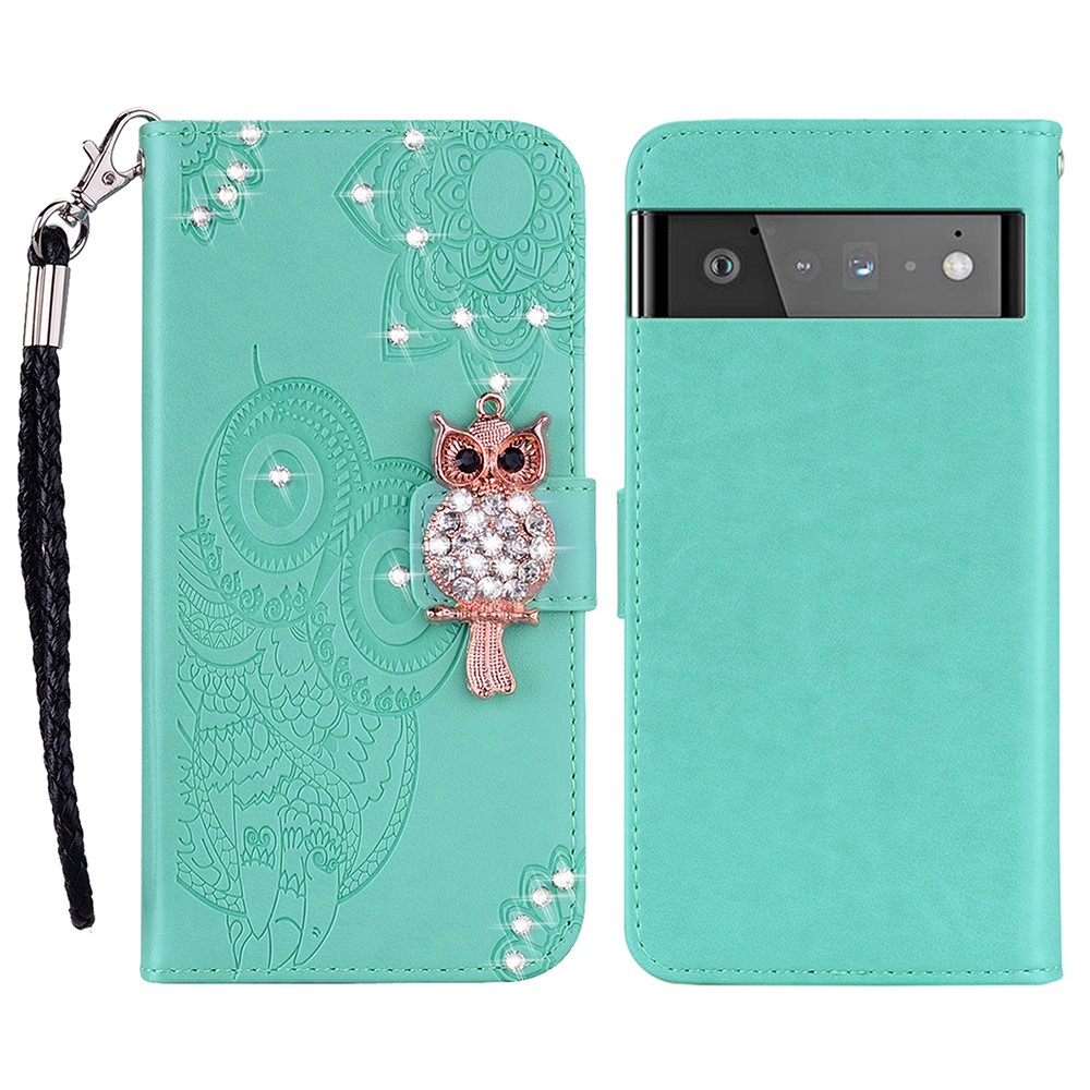 Bling Rhinestone Decor Imprinted Owl Flower Pattern Leather Case Shell with Stand Wallet for Google Pixel 6 - Cyan-1
