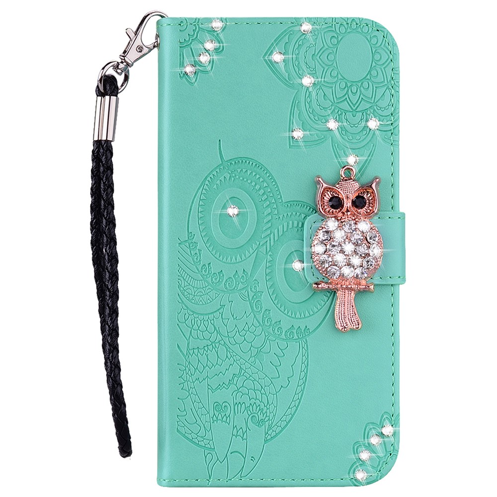Bling Rhinestone Decor Imprinted Owl Flower Pattern Leather Case Shell with Stand Wallet for Google Pixel 6 - Cyan-2