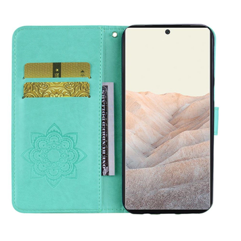 Bling Rhinestone Decor Imprinted Owl Flower Pattern Leather Case Shell with Stand Wallet for Google Pixel 6 - Cyan-5