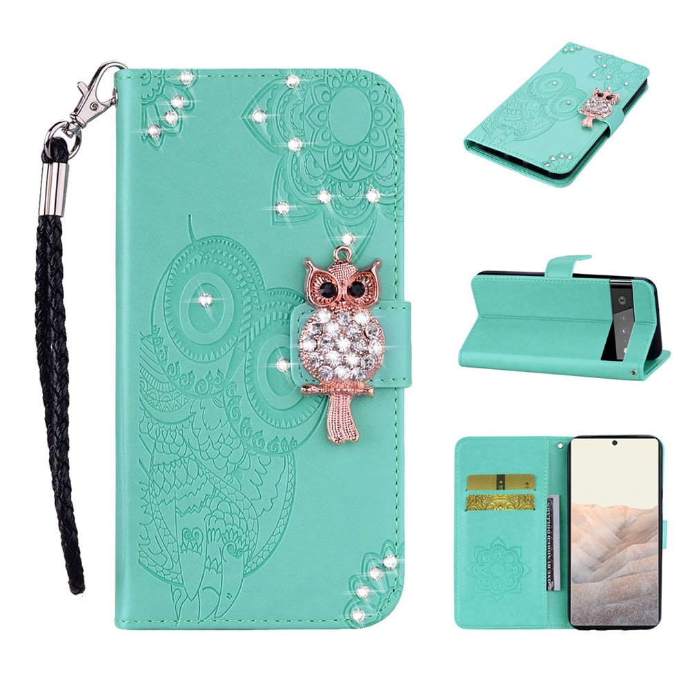 Bling Rhinestone Decor Imprinted Owl Flower Pattern Leather Case Shell with Stand Wallet for Google Pixel 6 - Cyan-8