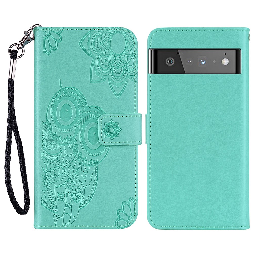 Scratch-resistant Flip Phone Case Imprinted Owl Flower Pattern Leather Wallet Shell for Google Pixel 6 Pro - Cyan-1