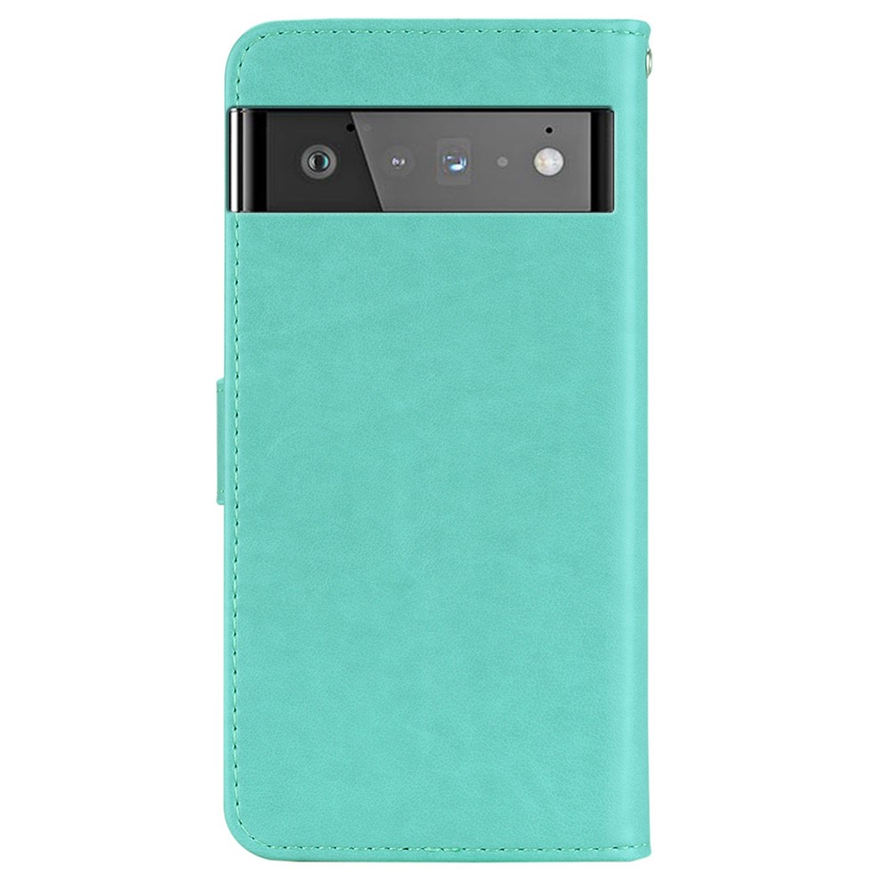 Scratch-resistant Flip Phone Case Imprinted Owl Flower Pattern Leather Wallet Shell for Google Pixel 6 Pro - Cyan-3