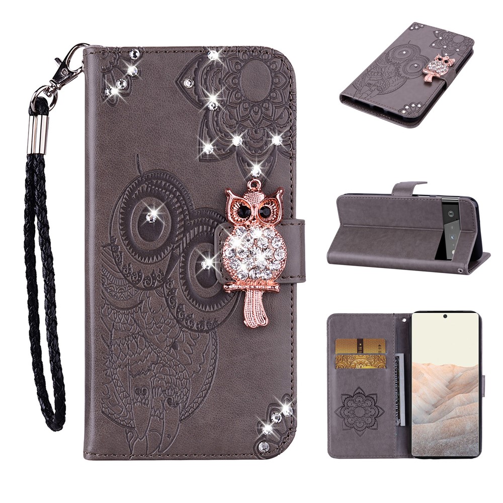 Flip Phone Case Bling Rhinestone Decor Imprinted Owl Flower Pattern Leather Wallet Shell for Google Pixel 6 Pro - Grey-8