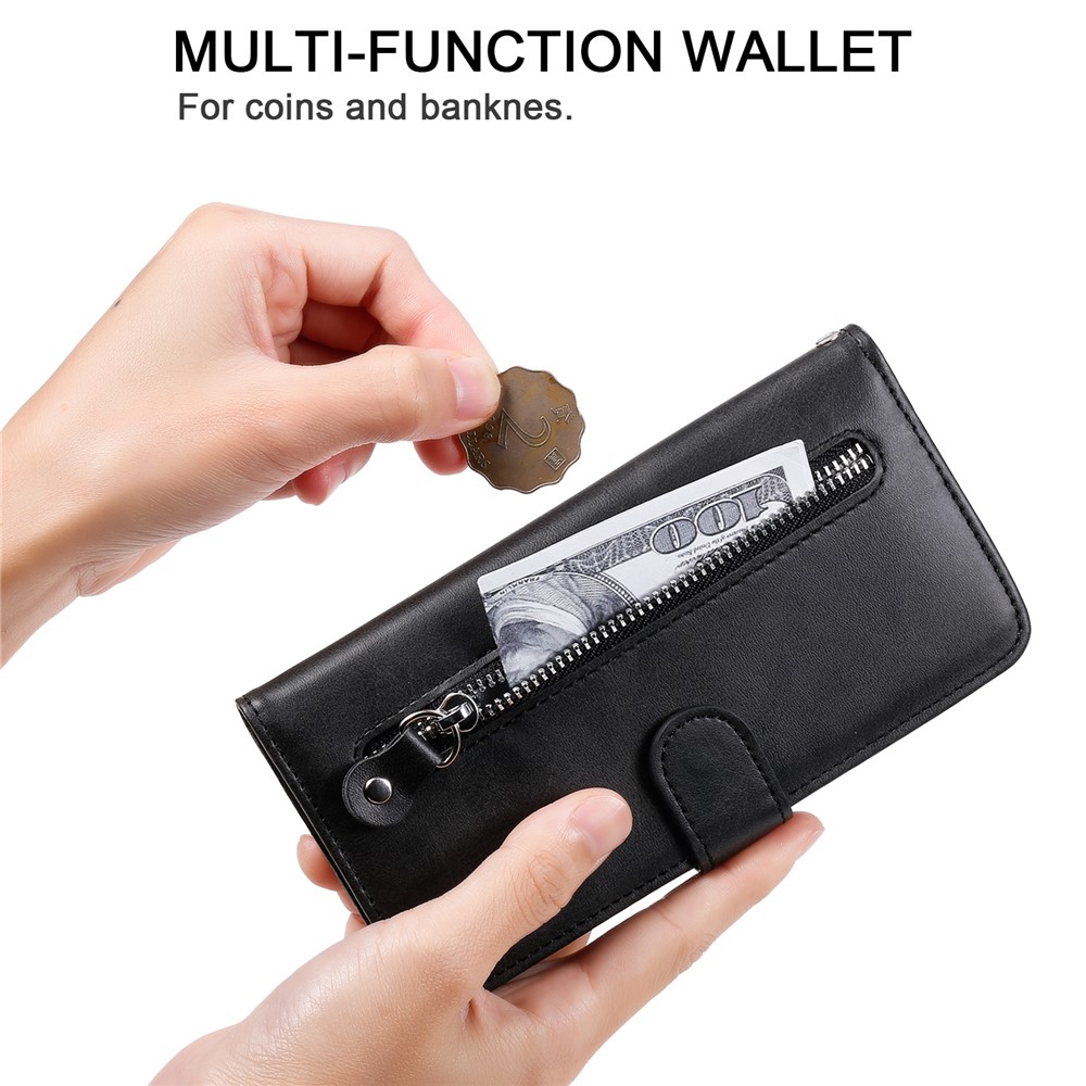 PU Leather Zippered Pocket Phone Case Coin Wallet Stand Folding Case for Google Pixel 6 Pro - Black-10