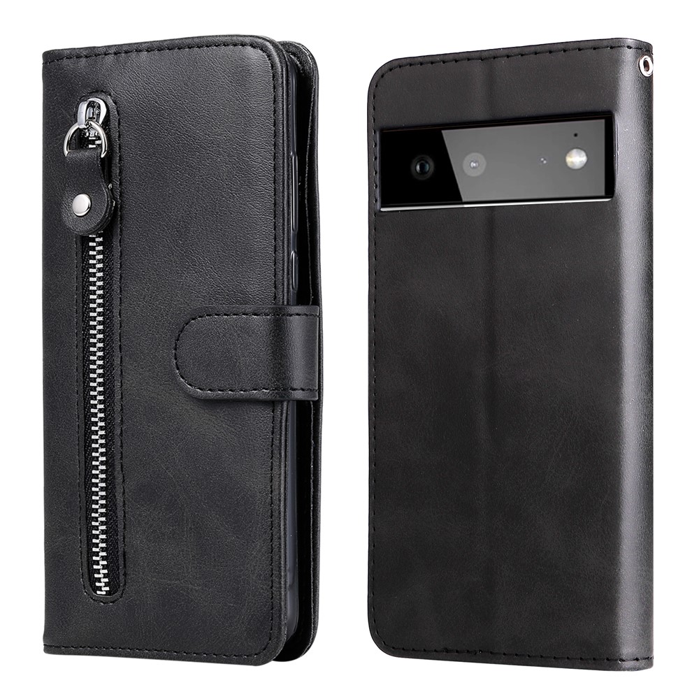 Folding PU Leather Phone Case Zipper Pocket Design Full-Protective Case with Wallet Stand for Google Pixel 6 - Black-1