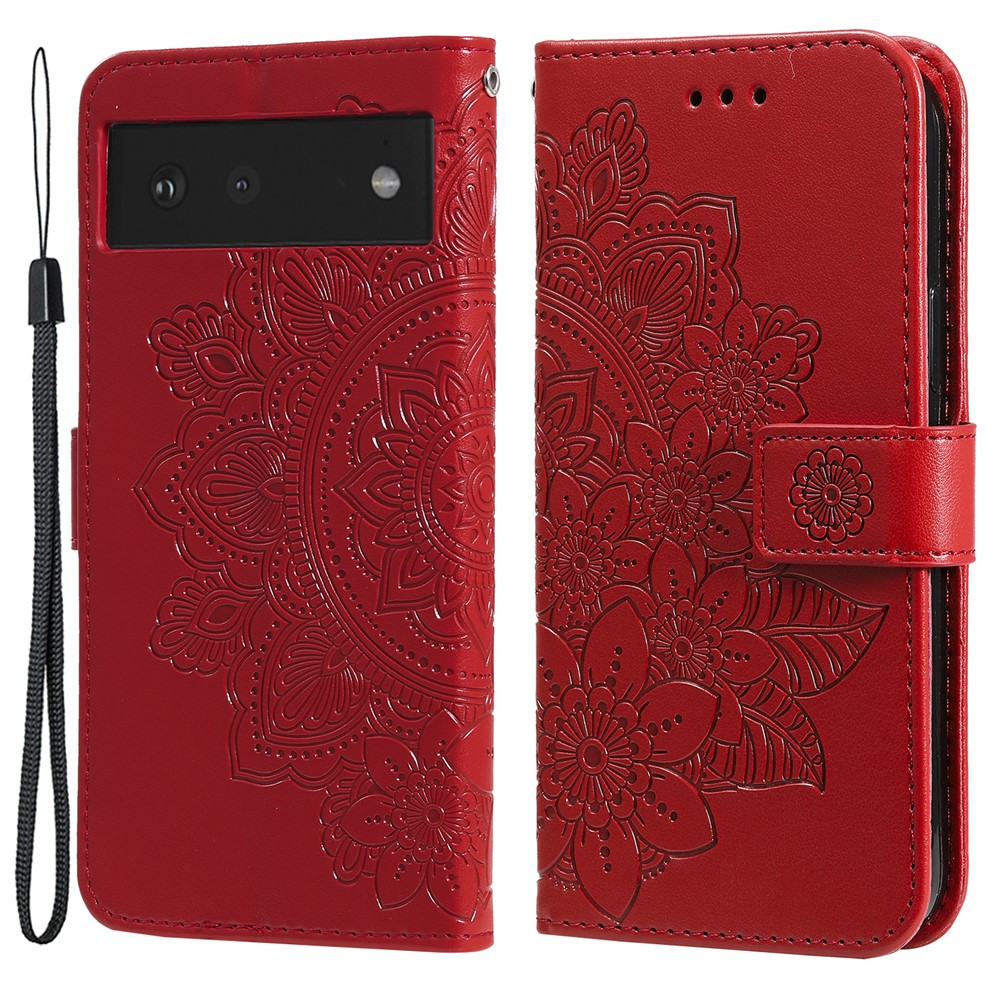 Practical Flip Shell Imprinted Flower Pattern TPU+PU Leather Stand Wallet Cover Case with Lanyard for Google Pixel 6 - Red-1