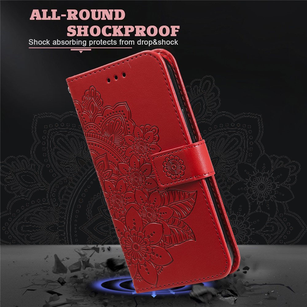 Practical Flip Shell Imprinted Flower Pattern TPU+PU Leather Stand Wallet Cover Case with Lanyard for Google Pixel 6 - Red-10