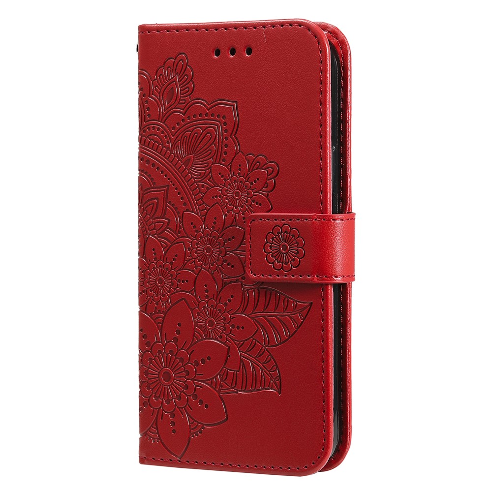 Practical Flip Shell Imprinted Flower Pattern TPU+PU Leather Stand Wallet Cover Case with Lanyard for Google Pixel 6 - Red-2