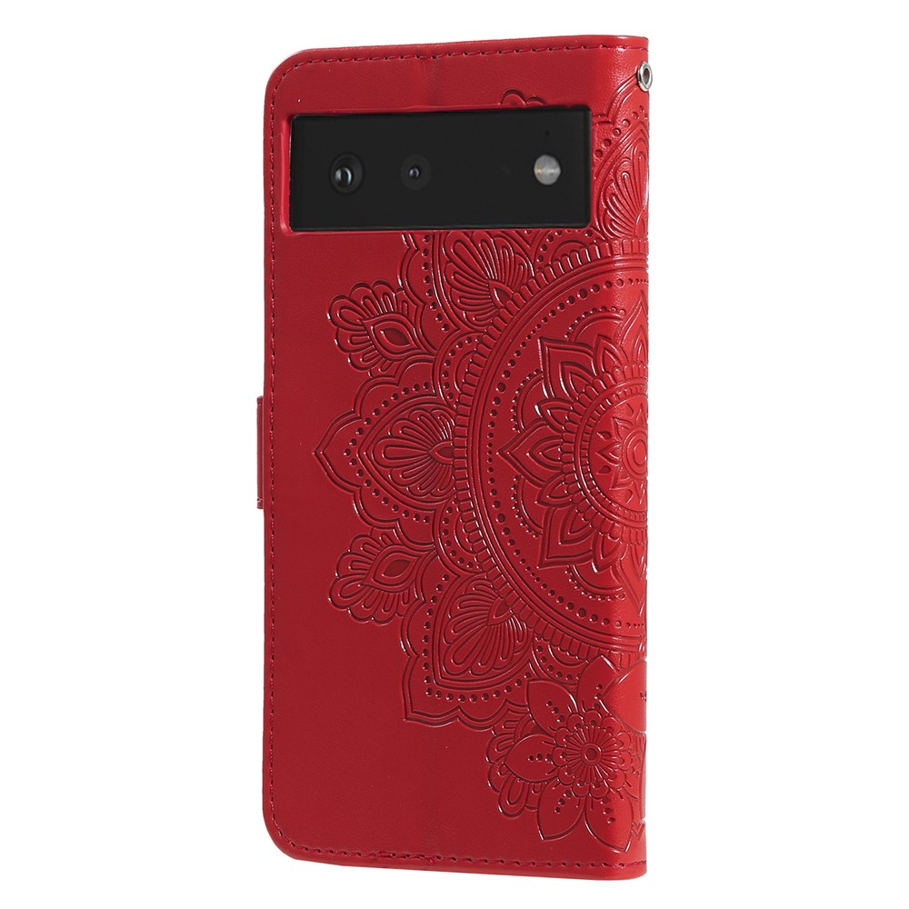 Practical Flip Shell Imprinted Flower Pattern TPU+PU Leather Stand Wallet Cover Case with Lanyard for Google Pixel 6 - Red-3