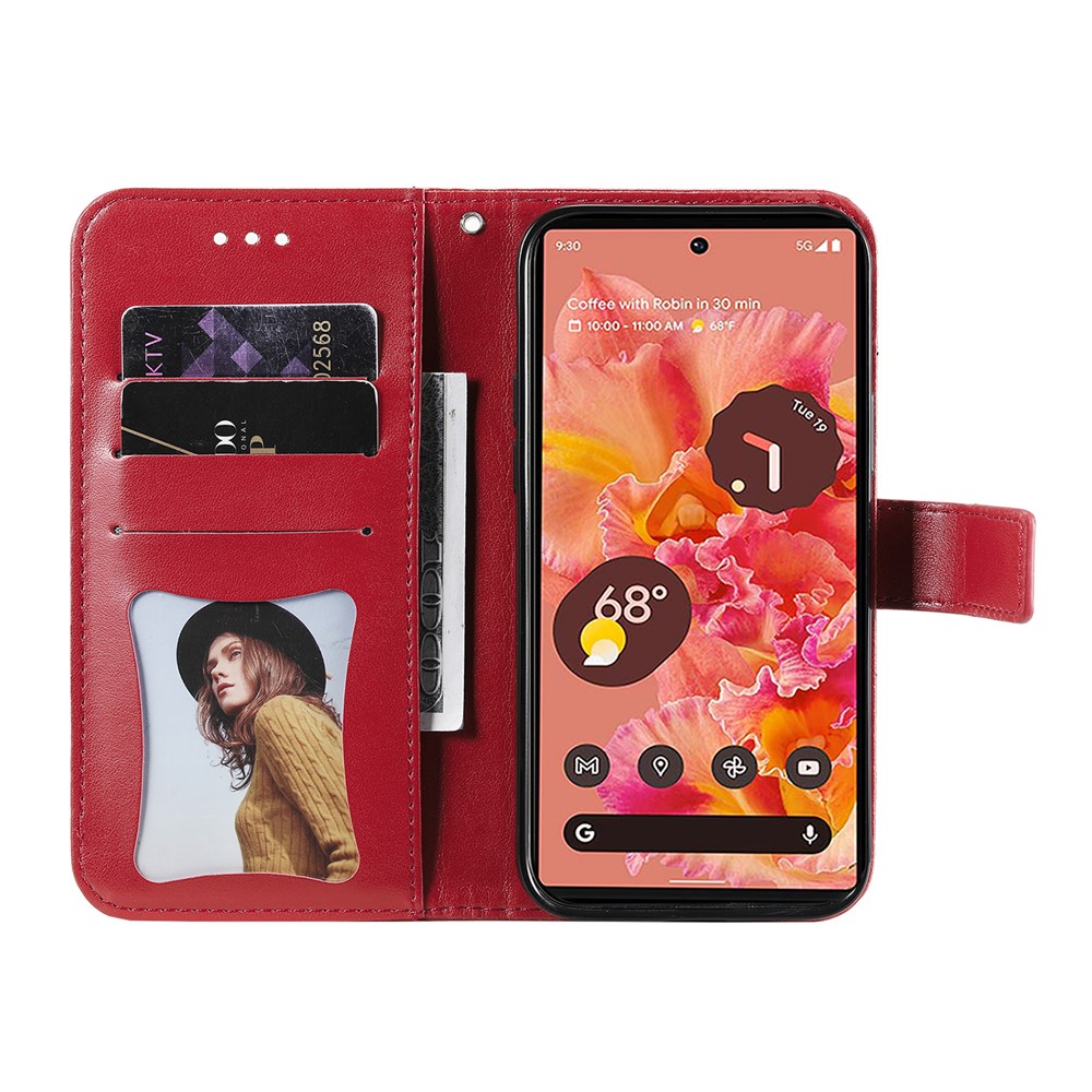 Practical Flip Shell Imprinted Flower Pattern TPU+PU Leather Stand Wallet Cover Case with Lanyard for Google Pixel 6 - Red-4