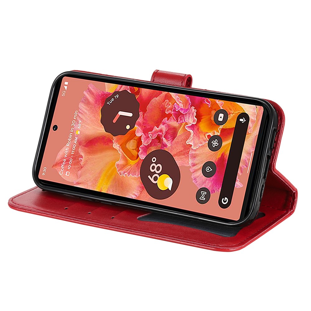 Practical Flip Shell Imprinted Flower Pattern TPU+PU Leather Stand Wallet Cover Case with Lanyard for Google Pixel 6 - Red-5
