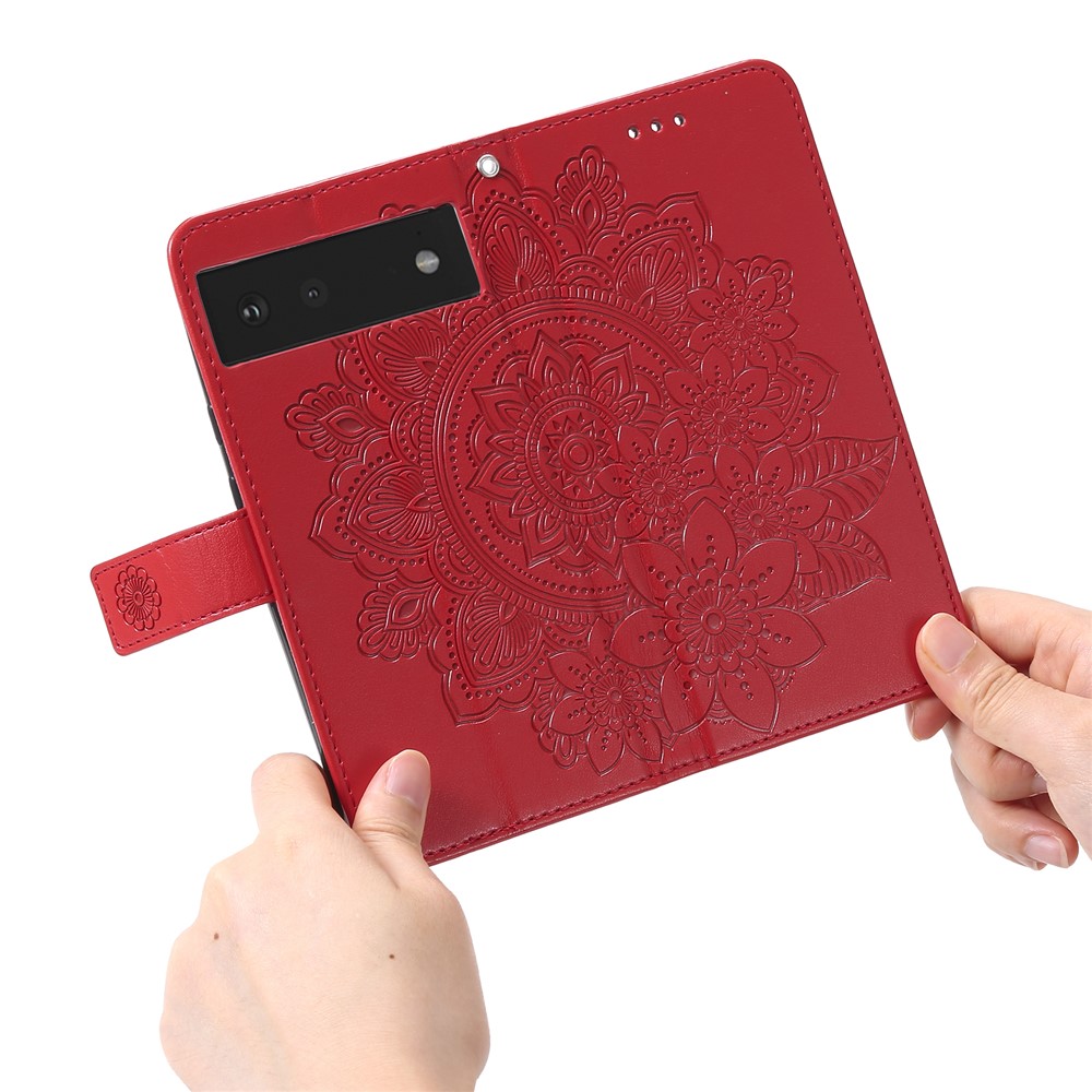 Practical Flip Shell Imprinted Flower Pattern TPU+PU Leather Stand Wallet Cover Case with Lanyard for Google Pixel 6 - Red-6