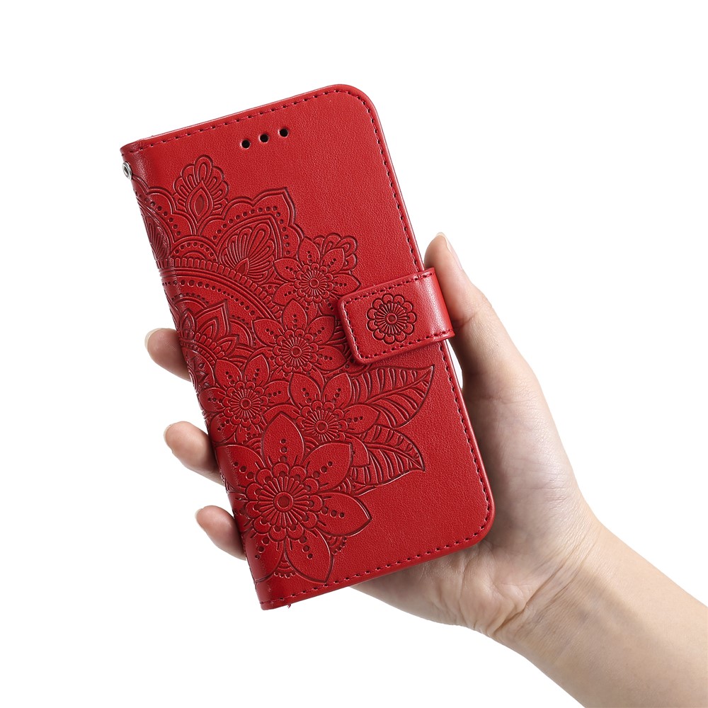 Practical Flip Shell Imprinted Flower Pattern TPU+PU Leather Stand Wallet Cover Case with Lanyard for Google Pixel 6 - Red-7