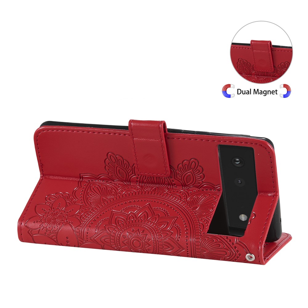 Practical Flip Shell Imprinted Flower Pattern TPU+PU Leather Stand Wallet Cover Case with Lanyard for Google Pixel 6 - Red-8