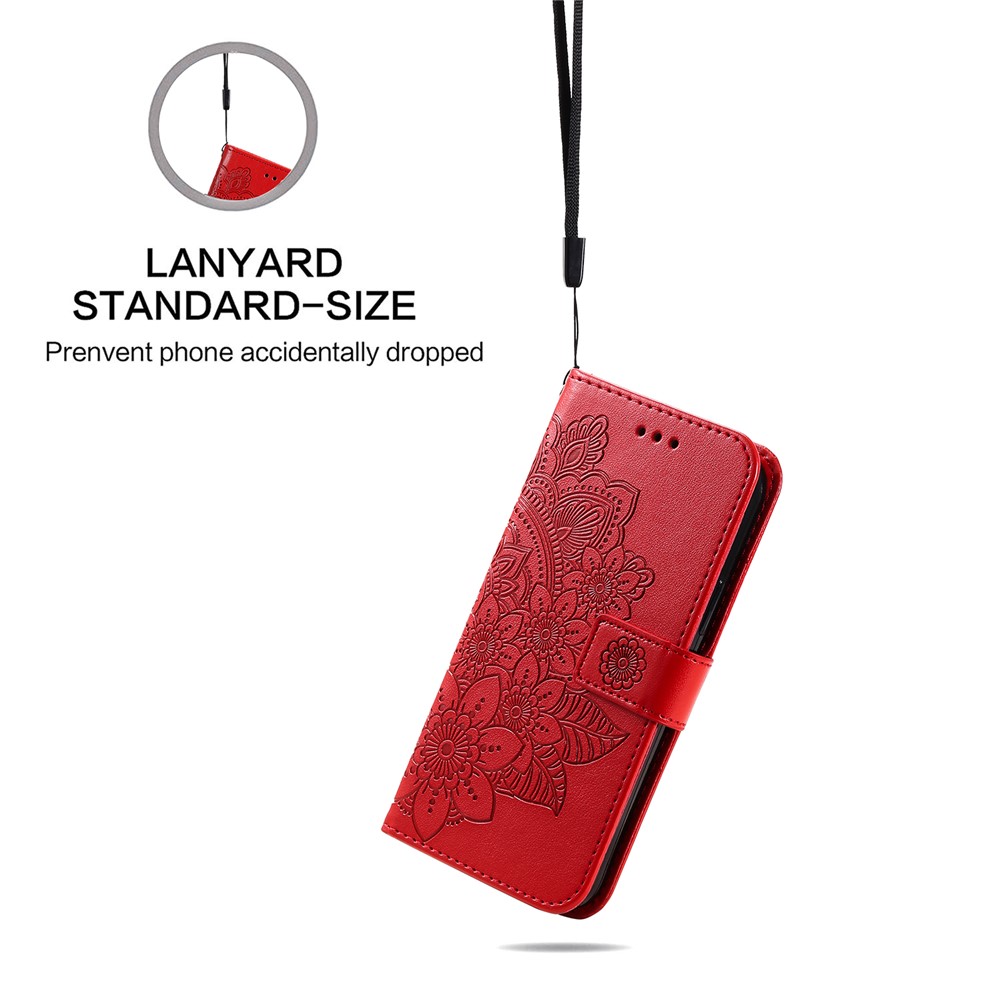 Practical Flip Shell Imprinted Flower Pattern TPU+PU Leather Stand Wallet Cover Case with Lanyard for Google Pixel 6 - Red-9