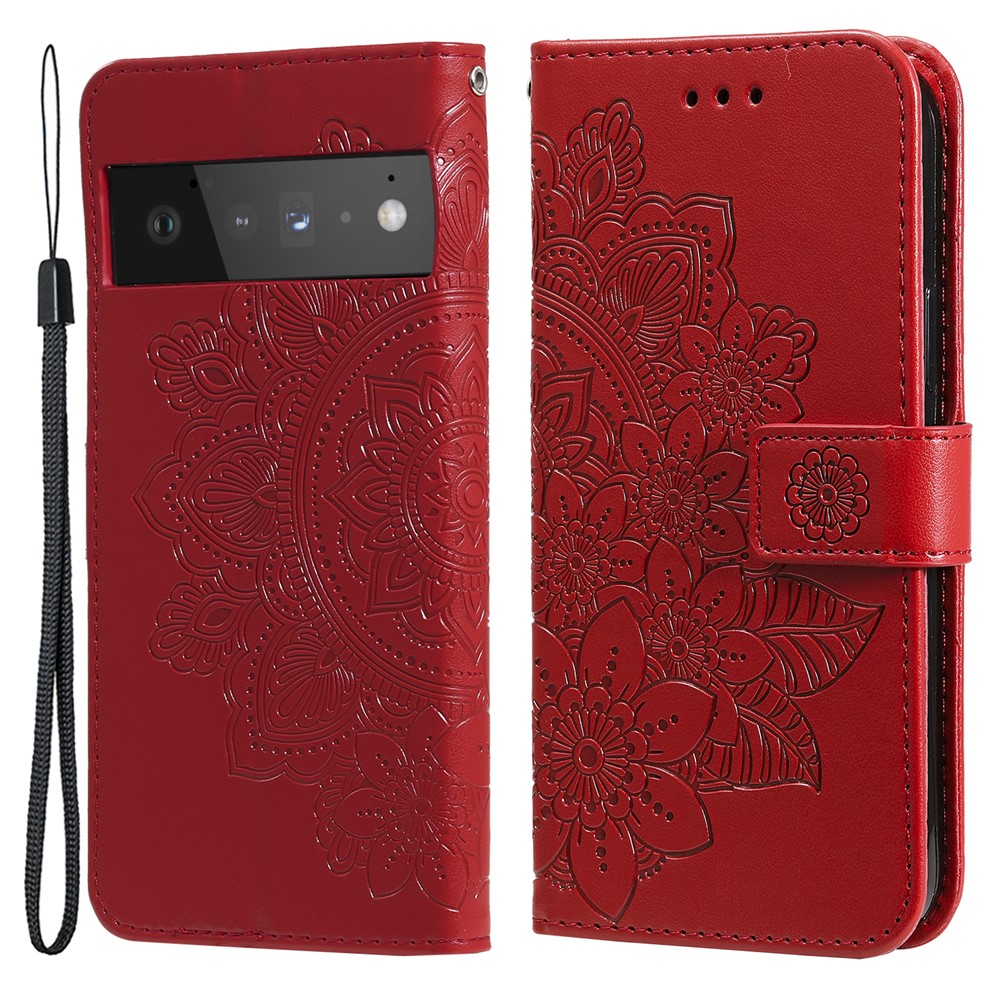 TPU+PU Leather Phone Case Stand Practical Flip Shell Card Slots Imprinted Flower Pattern Wallet Cover with Lanyard for Google Pixel 6 Pro - Red-1