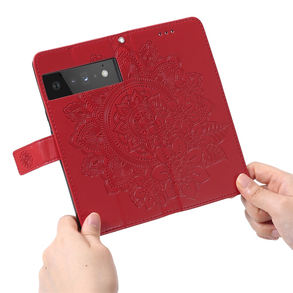 TPU+PU Leather Phone Case Stand Practical Flip Shell Card Slots Imprinted Flower Pattern Wallet Cover with Lanyard for Google Pixel 6 Pro - Red-6