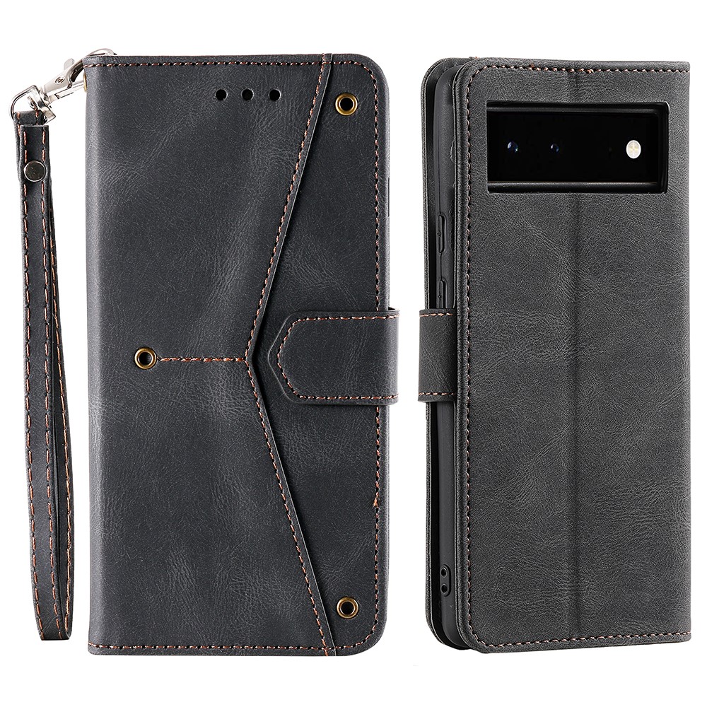 Protective Cover Splicing PU Leather and TPU Phone Flip Case Stitching Skin-touch Stand Wallet for Google Pixel 6 - Black-1