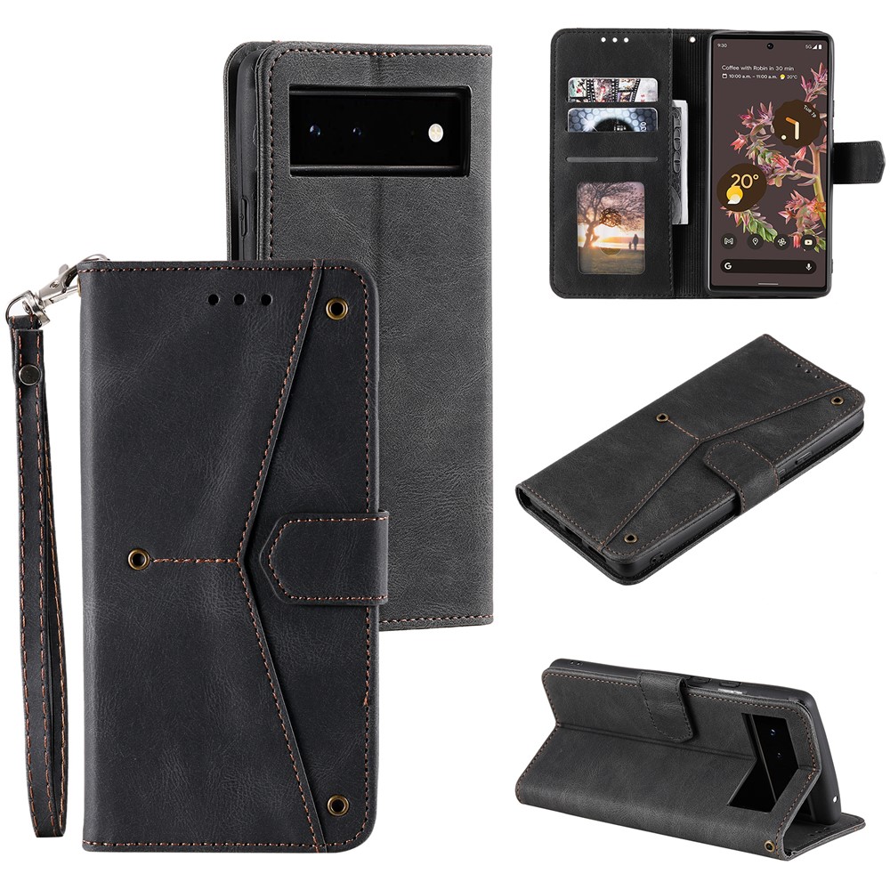 Protective Cover Splicing PU Leather and TPU Phone Flip Case Stitching Skin-touch Stand Wallet for Google Pixel 6 - Black-8