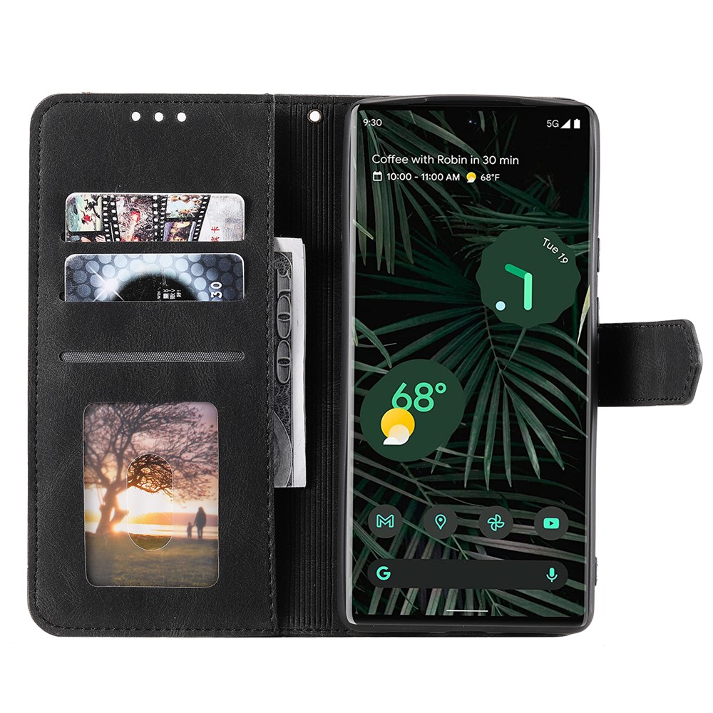Splicing PU Leather and TPU Phone Flip Case Stitching Skin-touch Stand Wallet Phone Protective Cover for Google Pixel 6 Pro - Black-6