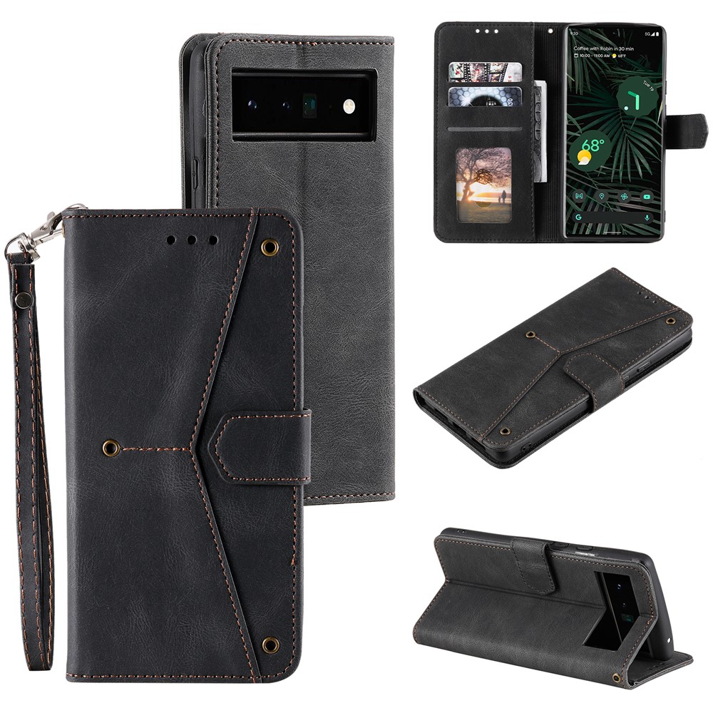 Splicing PU Leather and TPU Phone Flip Case Stitching Skin-touch Stand Wallet Phone Protective Cover for Google Pixel 6 Pro - Black-8