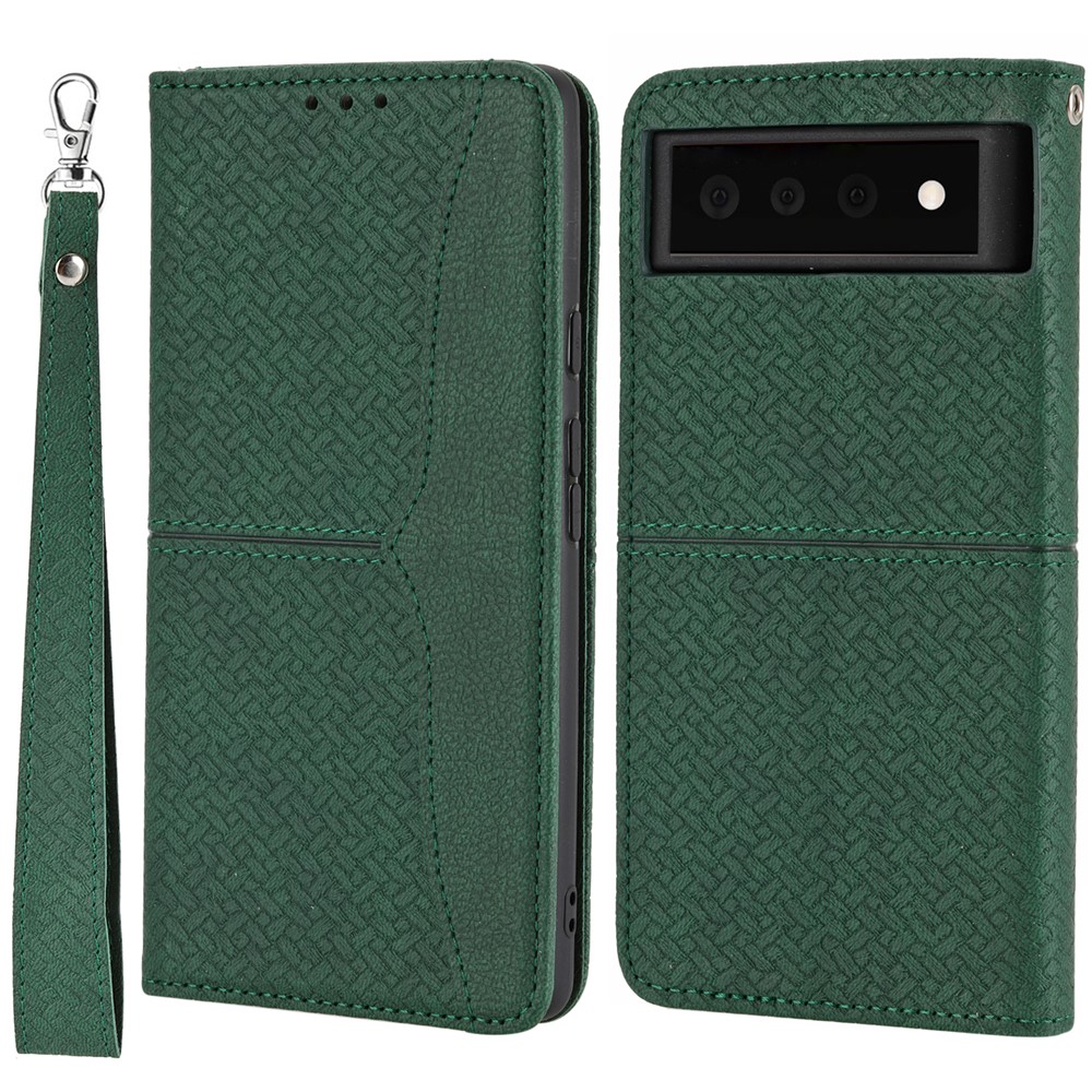 Magnetic Absorption Woven Texture Wallet Wrist Strap Leather Cover Case with Stand for Google Pixel 6 Pro - Green-1