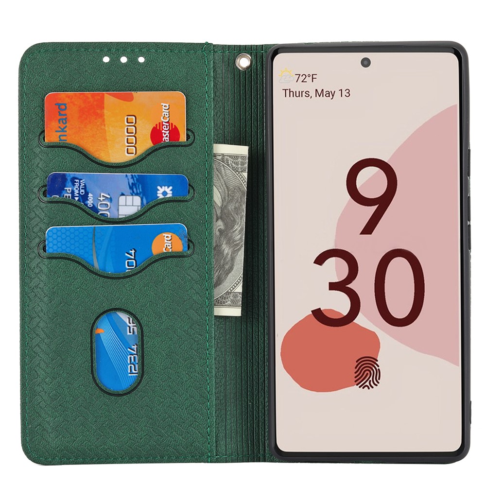 Magnetic Absorption Woven Texture Wallet Wrist Strap Leather Cover Case with Stand for Google Pixel 6 Pro - Green-4